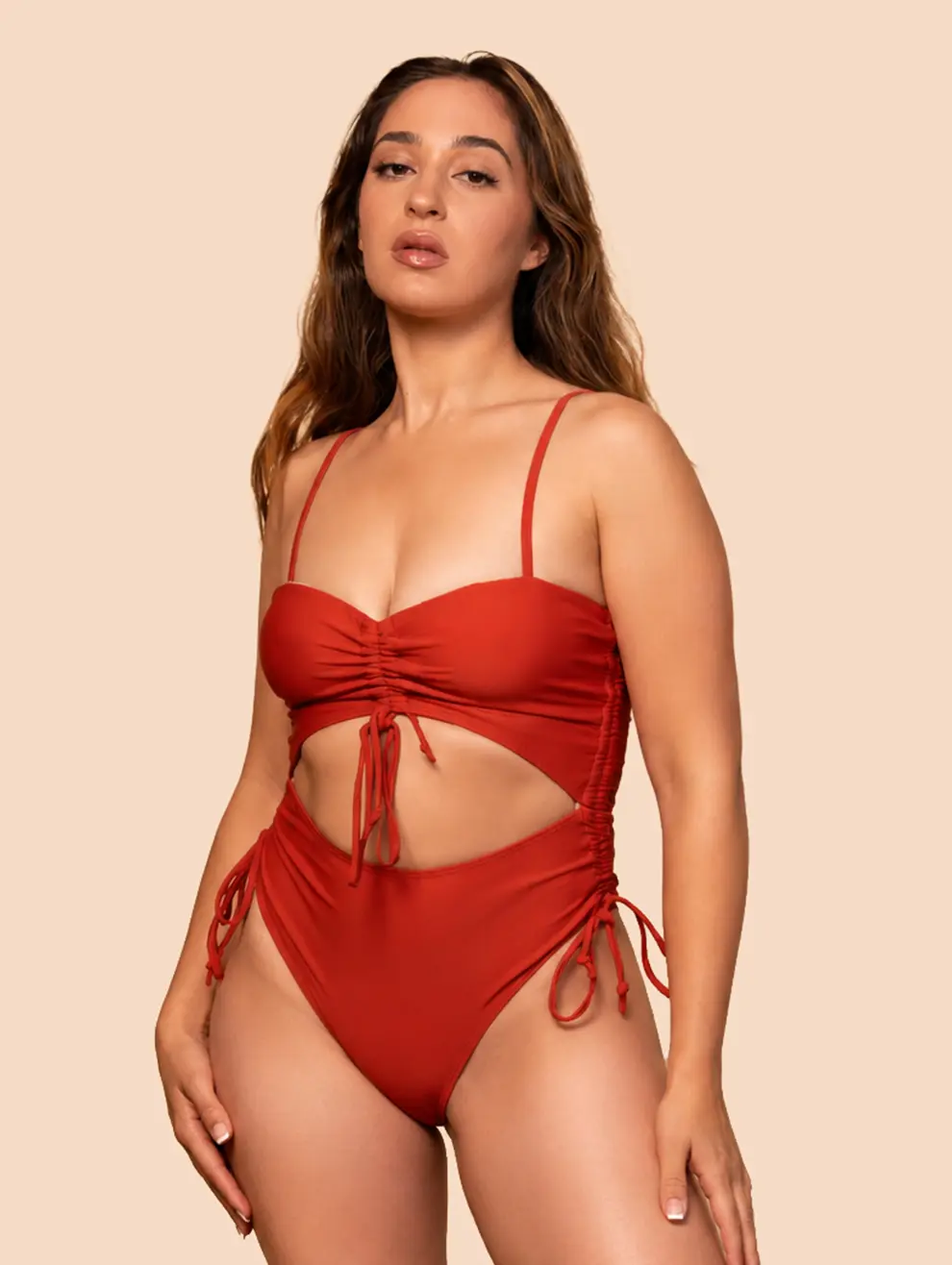 Kalani Women’s Rust Red Cutout One Piece Swimsuit, Ruched Drawstring Monokini, Side Tie Summer Swimwear & Beachwear