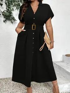 Women's Spring Summer Plus Size Fashion Casual Shirt Elegant Belt Dress, Loose-Fitting Short Sleeve Midi Dress, Woven Fabric, All Seasons