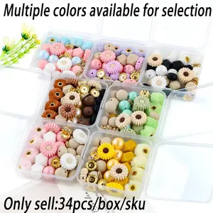 Sunflower Shaped Silicone Beads Kit, Beads Set, DIY Beading Accessories, 34pcs/box Mixed Color Beads, DIY Jewelry Making Supplies Beading Making for Bracelet & Necklace & Earrings