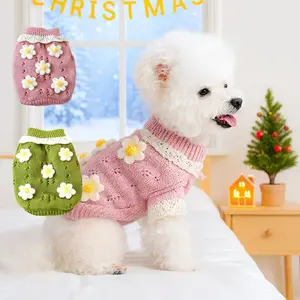 Flower Doodle Pink & Green Floral Knit Sweater for Small Dogs Cozy Pullover with White Flowers Winter Spring Autumn Pet Apparel for Teddy Bichon Pomeranian Puppies All-season 100% Acrylic Knit Fabric