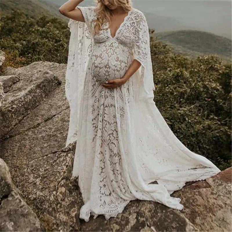 Soft Stretchy Lace Off Shoulder Doubly Split A-line Skirt Maternity Dress Pregnancy Maxi Gown for Photoshoot