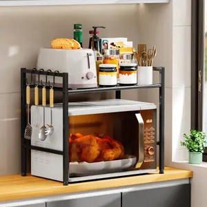 1pc,2 tier,Microwave stand,Multi-functional metal bracket,Kitchen countertop storage rack,With hook,Cutlery tray,No drilling required,Spice rack,Suitable for storing dishes, cutlery, bread makers, coffee makers, microwaves, and baking supplies