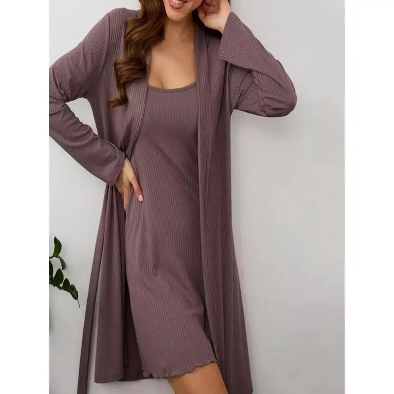 Elegant Two-Piece Set, Solid Color Knit Bathrobe & Belted Cardigan, Casual Wear, Perfect Gift for Holidays, Daily Use