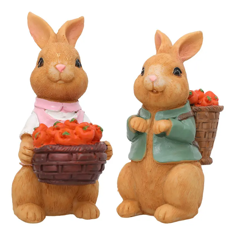 1 pair - A rabbit back frame full of carrots and a cute resin rabbit carrying a basket with carrots, Easter rabbit ornaments, garden and courtyard decoration handicrafts, window sill micro bonsai decoration
