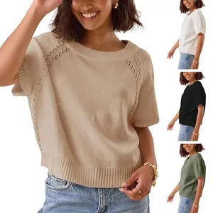 SCUSTY Women's Knit Crochet Hollow Out Top Short Sleeve Crew Neck Loose Fit Pullover Sweater Summer Fall Casual Knitted Blouse