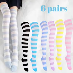 6 Pairs Thigh High Socks Over Knee High Stockings Extra Long Leg Warmers for Women Mixed Candy Color Stripes,One Size,Christmas Party Gifts,Home Supplies