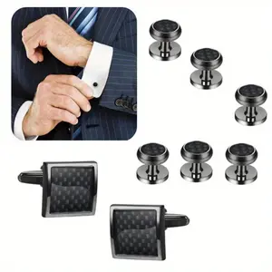 8Pcs Stylish Carbon Fiber Pattern Cufflinks & Elegant Shirt Buttons, 1 Pair Square Cufflinks and 3 Pairs of Round Shirt Stud, Mens Costume Accessories Set, Suitable for Daily Wear, Business, Wedding