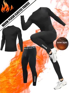 Men's Warm Sports Set, Thermal Lined Sports, Winter Skiing Outdoor Casual Activities, Fleece Top + Long Pants, Stretchy Shaping, Quick-Dry Breathable Fabric