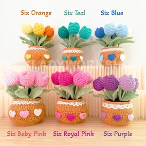 Handmade Crochet Flower Pot (included) Vase (included) | Pink Tulip Decor | Pink Crochet Flower | Decorative Plants | Crochet Flowers Yarn Cotton