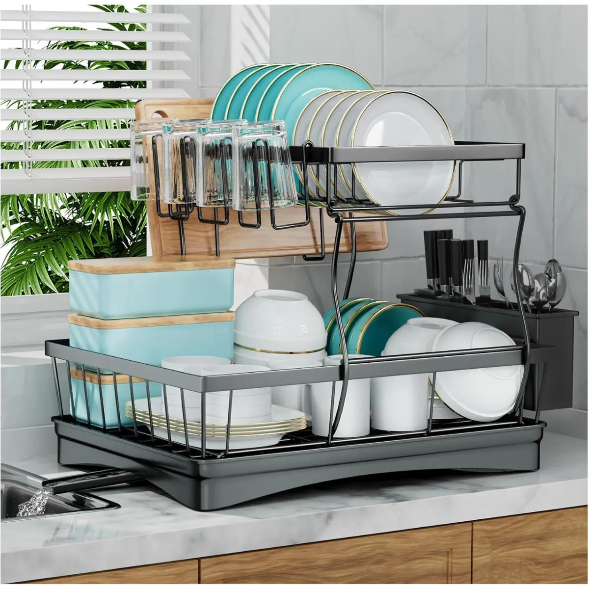 2 Tier Dish Drying Rack – Large Kitchen Counter Dish Drainer with Utensil Holder