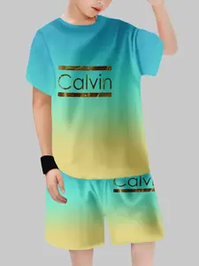Boys' Gradient Gold Label Calvin Set, Luxurious Simple Short Sleeve Two-Piece, Casual Cartoon Pattern, Fitted Crop/short Length, Youth Kits