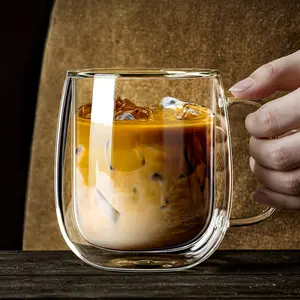 2pcs Double Wall Glass Coffee Mugs - 12.5oz Insulated Clear Coffee Mugs Perfect for Espresso, Cappuccino, Latte, Americano, Tea Bag, Beverageteacup-Transparent tape handle Iced Coffee Cup