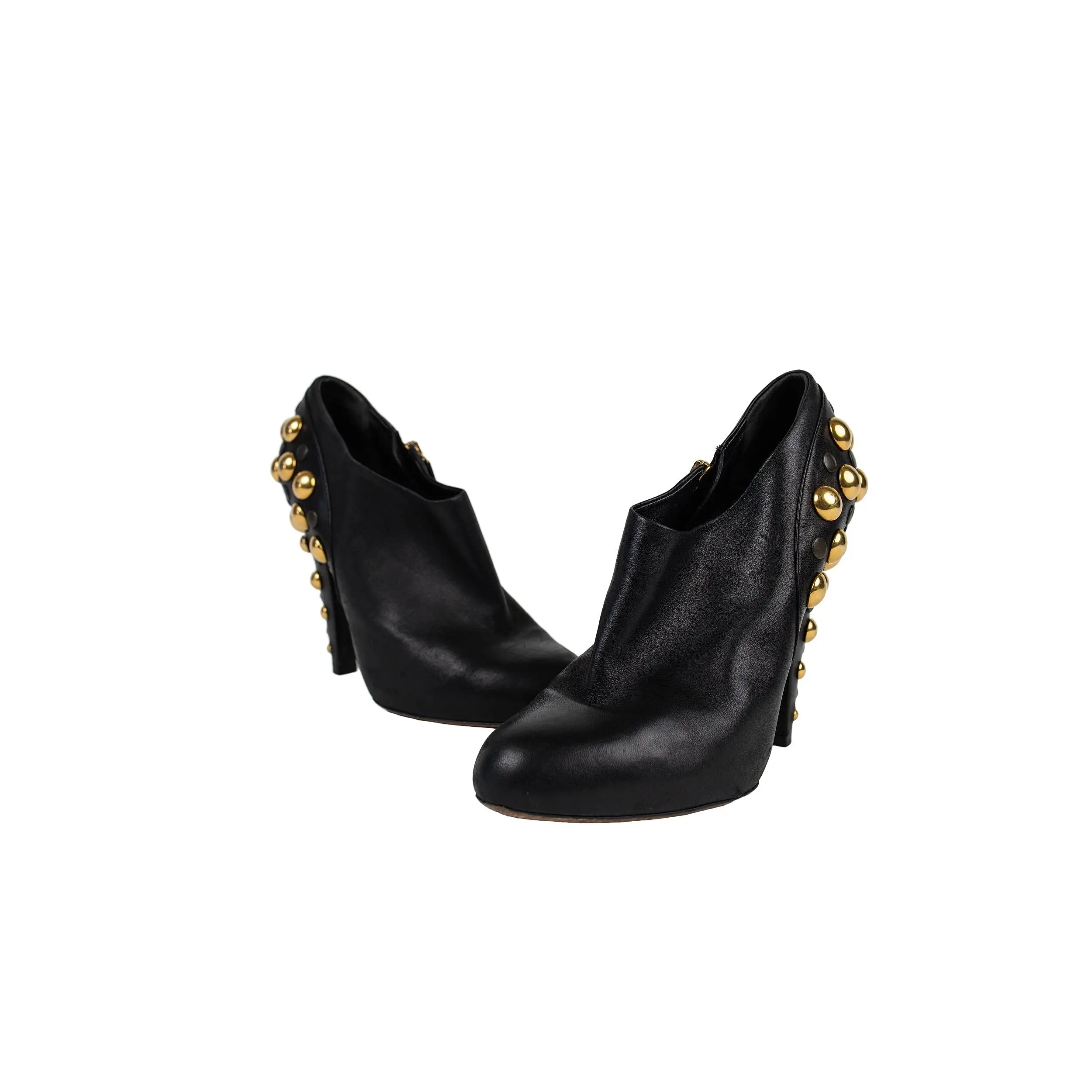 Gucci Black Leather Gold Hardware Studded Low Booties 38.5