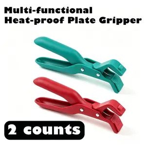 2 Counts Hot Plate Gripper, Multi-Purpose Anti-Scald Tool for Bowls, Plates, Pans, Serving as Holder, Clip, Tongs, Clamp in Kitchen Red & Green