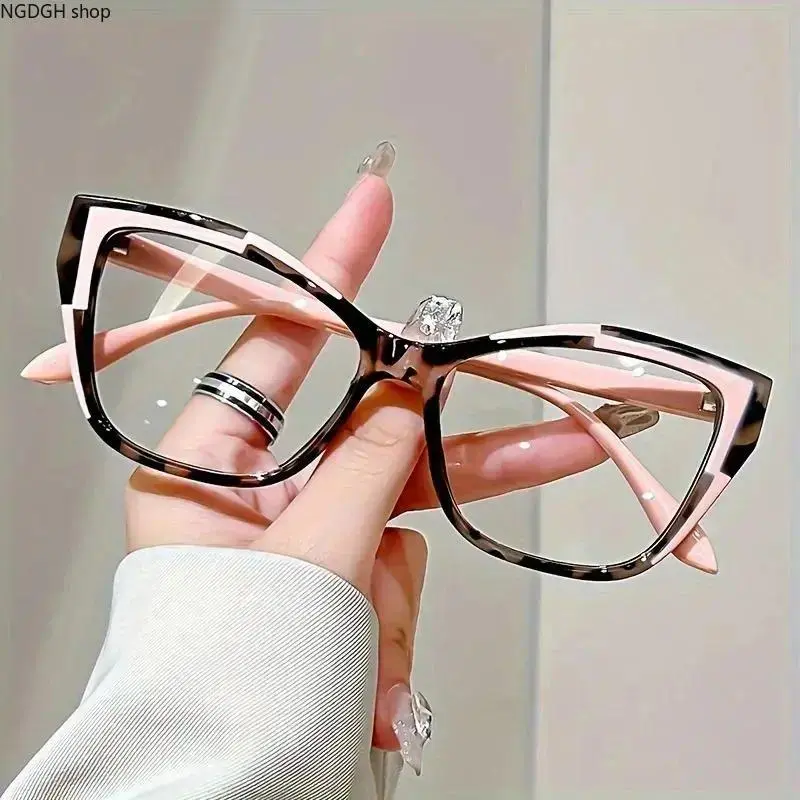Female Color Block Trendy Optical Eyewear, Retro Tortoise-Pink Cat-Eye Frames, Anti-Glare Lenses, Bold Upswept Fashion Glasses for Sports & Outdoor Daily Chic Style