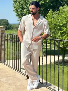 Men's casual two-piece set, loose fit short sleeved shirt with button design, textured design, soft, pants, suitable for vacation wear, both comfortable and fashionable, Outfit