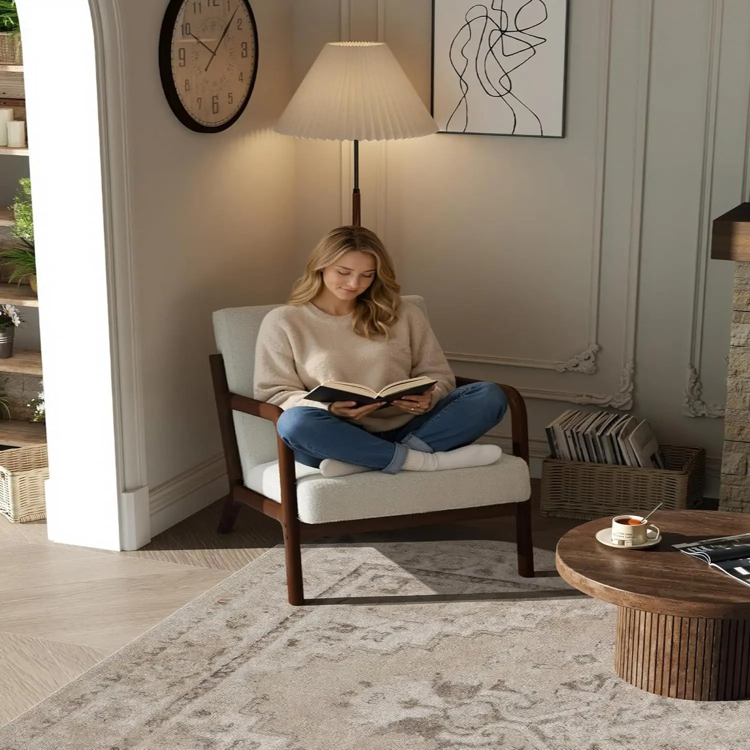 Ergonomic Mid-Century Armchair - Cream Beige Chenille Upholstery, Walnut Wood Frame, Curved Arms, High Density Foam Cushion, Lumbar Pillow, 220 lbs Capacity, Fits 5’1"-6’1" Users, Comfy Squishy Living Room Furniture, Cream Beige Living Room Furniture