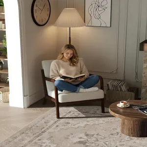 Ergonomic Comfort Mid-Century Accent Chair - Chenille Beige Upholstery, Walnut Wood Frame, Curved Armrests, High-Density Cushion, Lumbar Pillow - Living Room, Bedroom, Office - Chenille