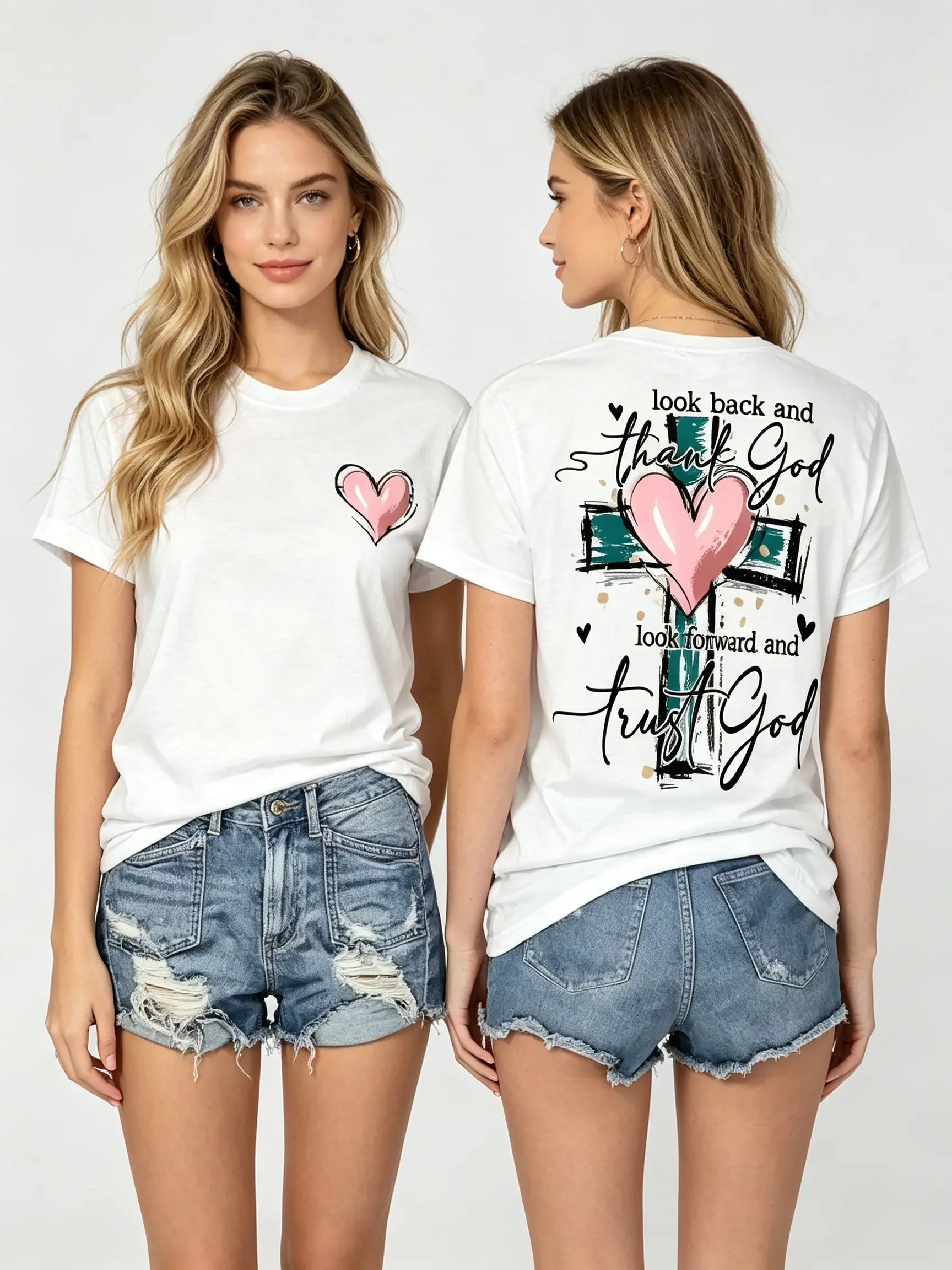 Thank God Trust Faith Quote Graphic T-Shirt, Pink Heart Cross Print Tee, Classic Crew Neck Shirt, Christian Casual Short Sleeve Top, Trendy Aesthetic Cotton Tee for Believers, Religious Style Fans and Fashion Enthusiasts # t-shirt streetwear top shirt f