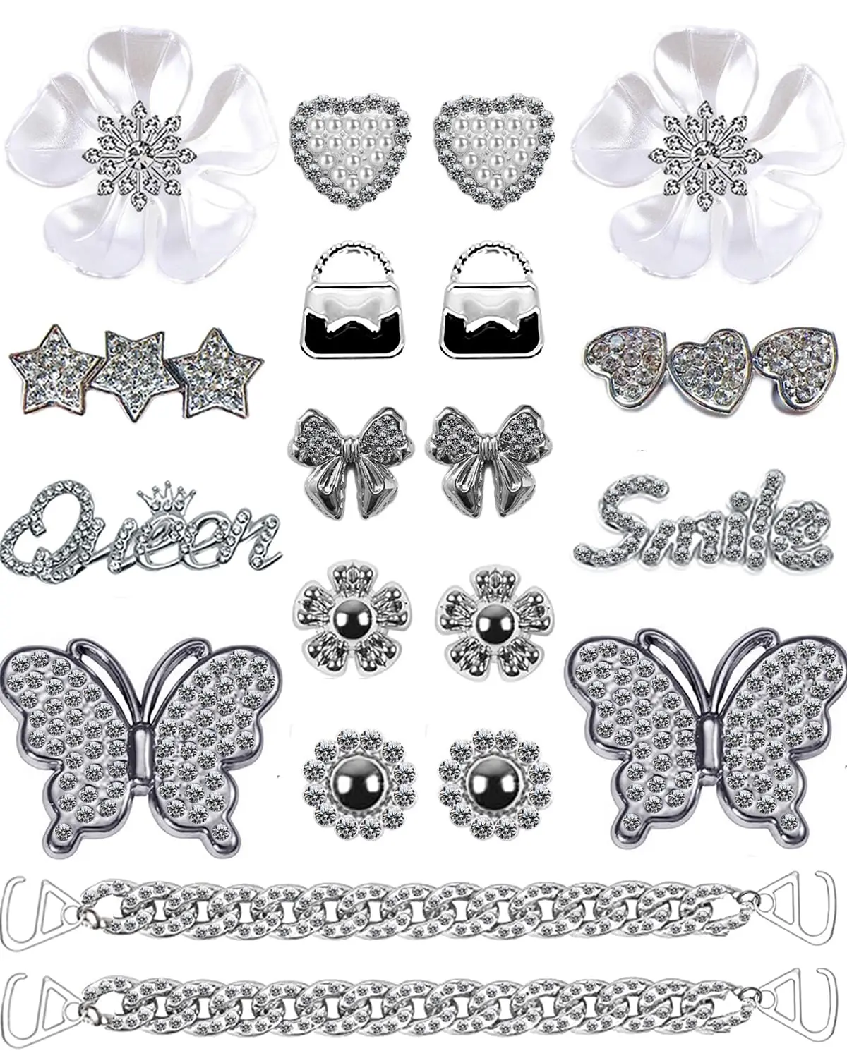 18PCS Silver Shiny Resin Rhinestone Shoe Charms for Women, Diamond-Inlaid Chain Decorations with Butterfly & Floral Motifs, Cute Shoe Jewelry, Ideal Birthday Gifts & Party Favors, Rhinestone Shoe Decoration