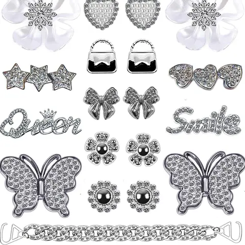 Women's 18PCS Bling Lightweight Silver Shiny Plastic Resin Rhinestone Shoe Decoration Charms - Elegant Slogan Designs, Butterfly & Floral Motifs, 2 Diamond-Inlaid Silver Chains, Ideal for Sandals/Water Shoes, Festival Gifts for Friends