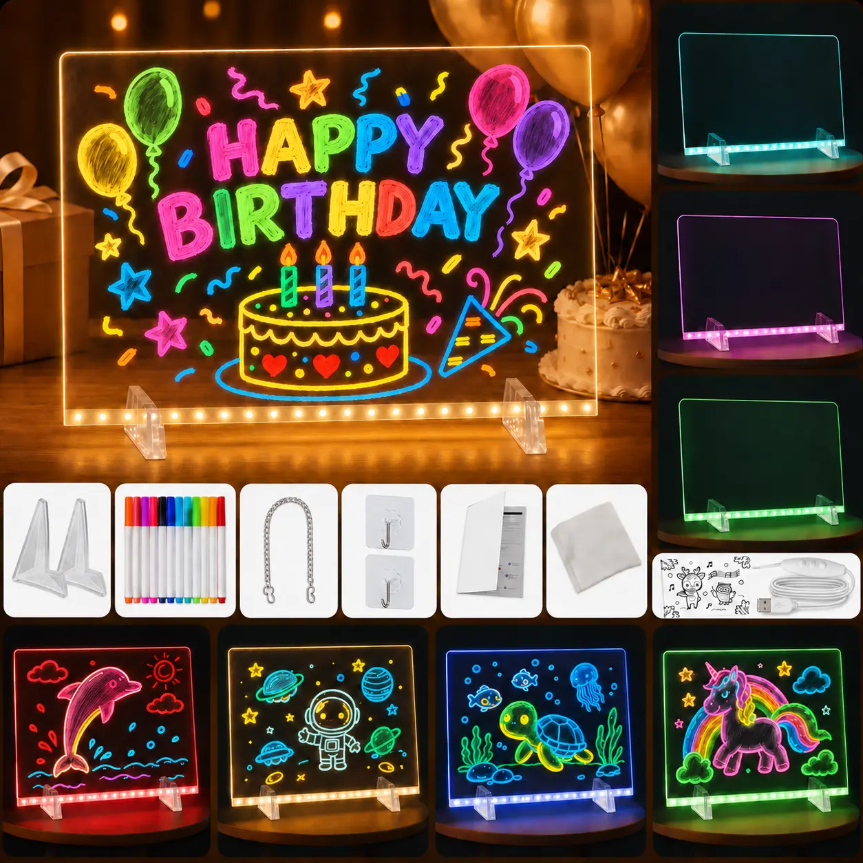 Wheelkids LED Drawing Board for Kids - Color Changing Light-Up Electronic Magic Multifunctional Dry Erase Board with Stand, Markers, Wipes, Reusable Learning Toy, Birthday & Christmas Gift, Led Color Changing