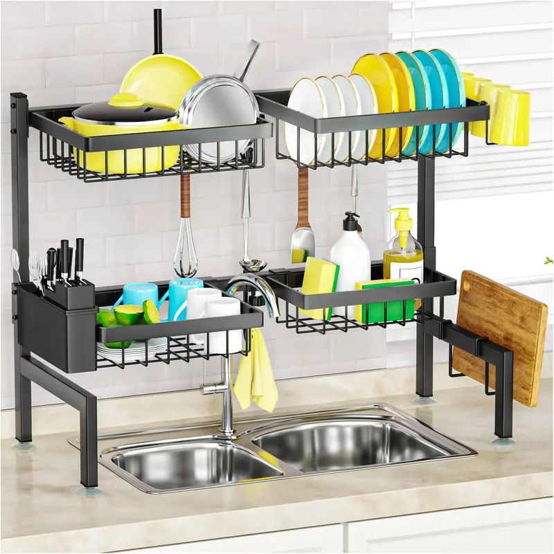Metal Over-Sink 2-Layer Kitchen Dish Drying Rack - Adjustable Racks, Expandable 24.8"-35.4" Organizer, 4 Baskets Holds Plates, Cups, Utensils, Tools, Saves Floor & Counter Space, Efficient Kitchen Organization, Modern Decor