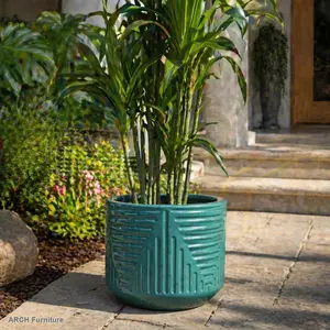 Handmade Ceramic Arch Planter - 16 in Diameter, Teal Green, Textured Groove Pattern, Clay-Based, Breathable Clay, Handmade Look, Root Health Support, Unique Decor for Monstera, Indoor/Outdoor Doorway Garden Pot