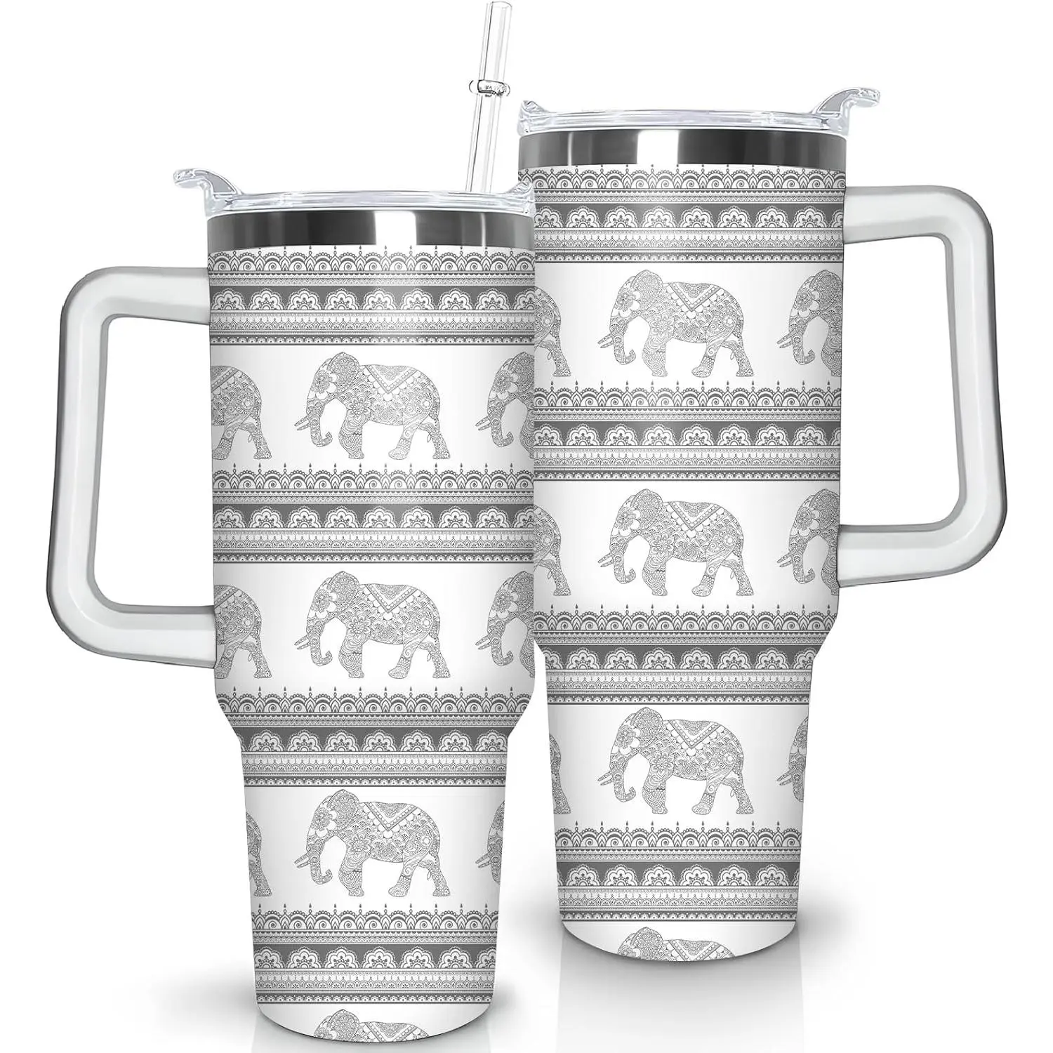 Women's 30oz Leakproof Double-Wall Stainless Steel Vacuum Insulated Reusable Elephant Novelty Water Bottle Tumbler - Handle, Straw, Lid, Gray Mandala Floral Design, Portable Kitchenware (Elephant Lovers, Birthday Gift), Bottles