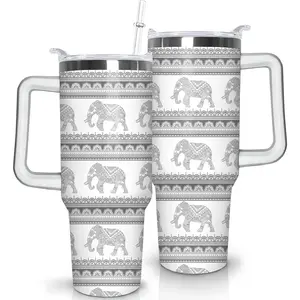 40 oz Elephant Tumbler with Handle and Straw, Gray Mandala Floral Stainless Steel Vacuum Insulated Travel Coffee Mug Cup Water Bottle, Grey Elephant Stuff Accessories Decor Gifts for Women Girls