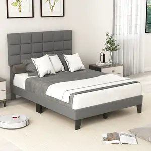 COSTWAY - Full Size Modern Linen Bed Frame with Adjustable Headboard-Gray