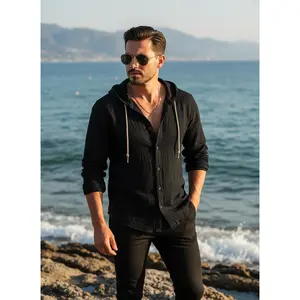Men's  100% Cotton Long Sleeve Hooded Shirts – Soft Breathable Button Down Casual Tops with Drawstring, Lightweight Solid Color Loose Fit for Beach Vacation & Daily Wear (White, Black, Khaki)