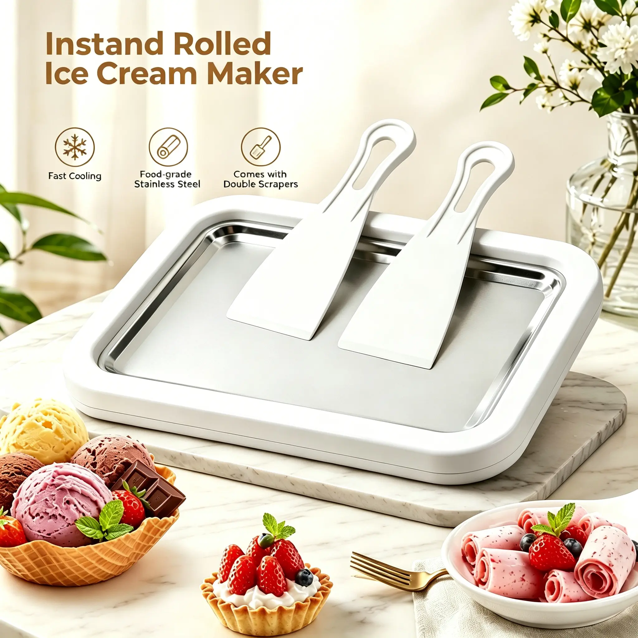 Instant Rolled Ice Cream Maker Kit – 2026 Stainless Steel Freezing Plate with 2 Spatulas, No Power Required – DIY Tray for Homemade Rolled Ice Cream, Perfect for Chridren