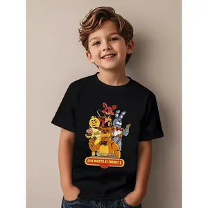 New Summer Short-Sleeved Round-Neck T-Shirts For Boys And Girls, Five Nights At Freddy's Themed Shirts With Freddy Hossikabonni Print, Graphic Printed Shirt, Funny Shirt, Casual Children's Clothing Suitable for Daily & Outdoor Use