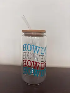 Howdy 16oz Glass/Plastic Drinkware Cups, Bamboo Lid, and Glass Straw for Kitchen Use