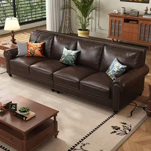 Big Barton American-Style Genuine Leather Sofa, Oil-Waxed Top-Layer Cowhide, Oversized Enveloping Vintage Distressed Leather Couch, Customizable Large Sofa for Villa & Open Living Room