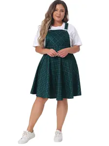 Agnes Orinda Plus Size Casual Plaid Printed Overall Pinafore Swing Adjustable Straps Dresses