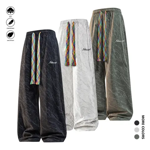 Men’s loose corduroy joggers — athletic long pants, casual fitness pants, fashionable street style, multi-color drawstring design, embroidered logo, summer unisex sportswear