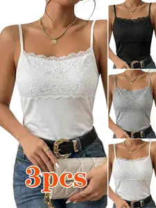 Women's Sleeveless Patchwork Design Contrast Lace Fitted Top, Casual Daily Wear, All-Season Versatile Inner Layer, Underwear, Womenswear