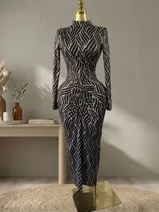 QFAF 2026 Women dress Abstract Wave Print Pleats Fitted Bodycon Dress｜High Neck Long Sleeve｜Ruched Waist Detail｜Flattering Curves｜Luxury Designer Inspired｜Perfect for Party, Night Out & Cocktail Events｜Spring & Fall Essential