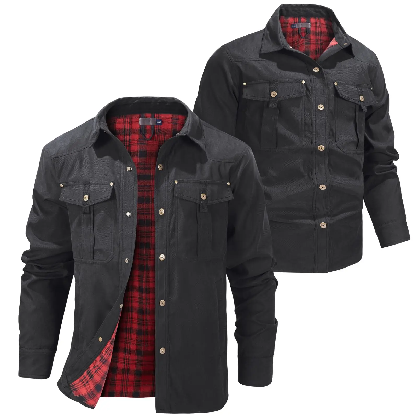 Men's Solid Color Shirt Collar Multi-Pocket Workwear Buttoned Jacket with Plaid Lining Flap Pockets & Sleeve Buttons Casual Vintage Style Coat