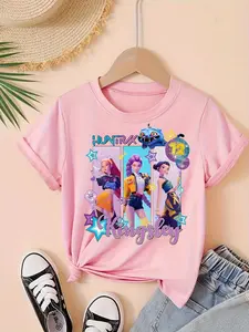 Girls Kpop Demon Hunters Cartoon Print Short Sleeve T-Shirt, Graphic Print Tee, Huntrix Party Custom Name Design, Casual Round Neck Summer Top