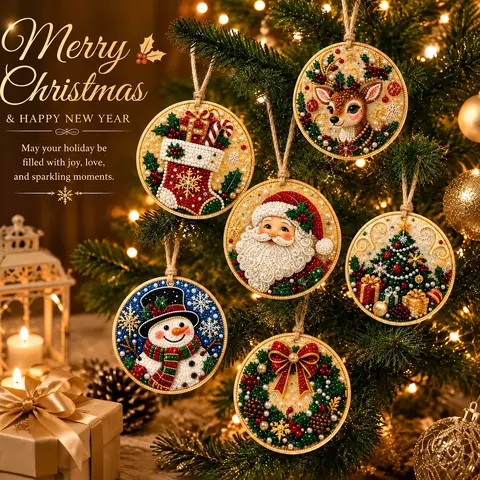 3D Christmas DIY Diamond Art Ornament Kit (6Pcs/12Pcs, 3.15x3.15", Wood Base, Xmas Motifs), Handmade DIY Craft, Xmas Tree Hanging Pendant, Winter Holiday Home Decoration, Kids' Gift