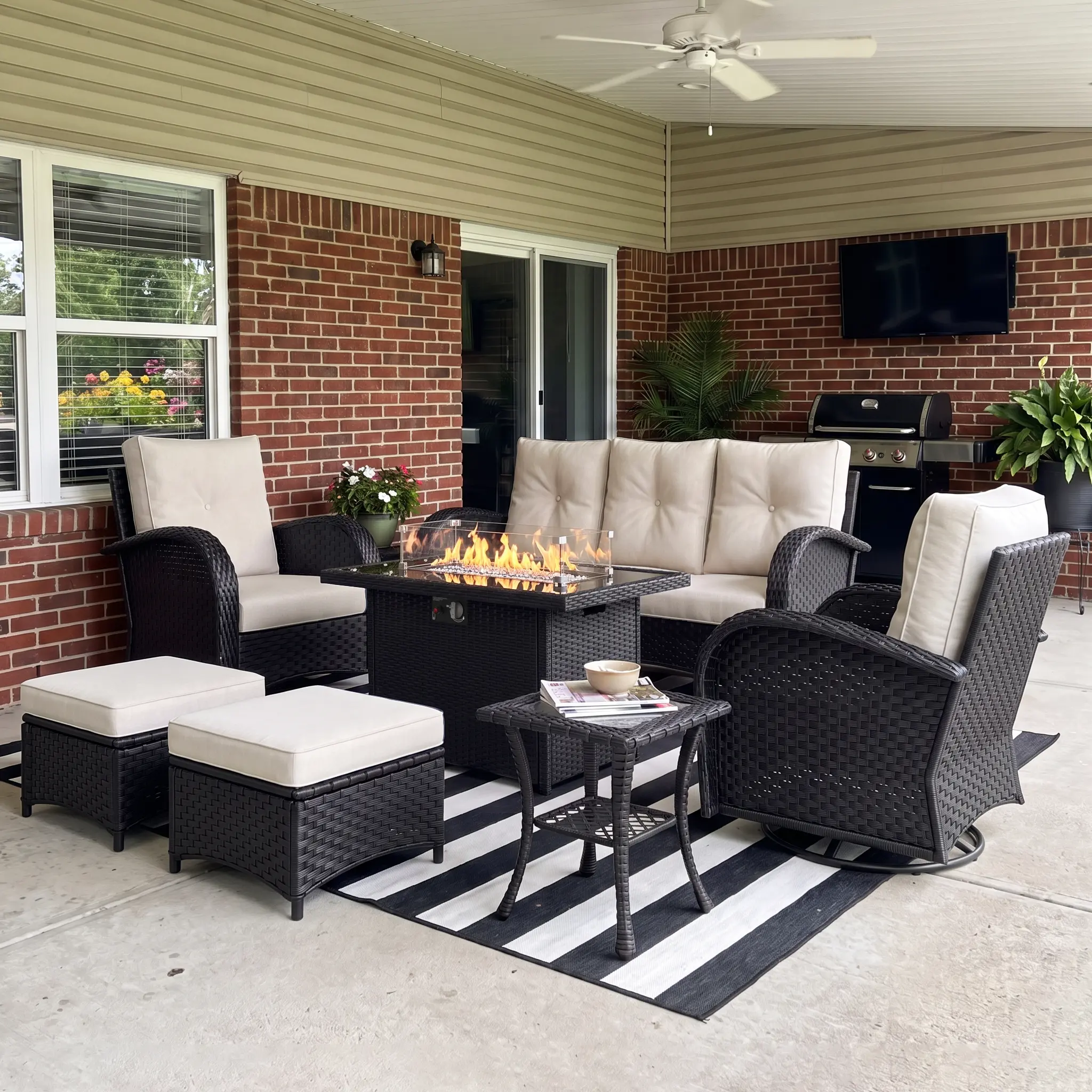 LayinSun 7-Piece Outdoor Patio Furniture Set - Rattan Wicker Sectional Swivel Rocker Chairs with Fire Pit Table, Outdoor Living & Patio Conversation Set (Shipped in Multiple Packages), Outdoor Living Set