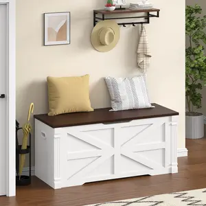 Storage Chest, Storage Bench with 2 Safety Hinges, Farmhouse Style, for Entryway, Bedroom, Living Room