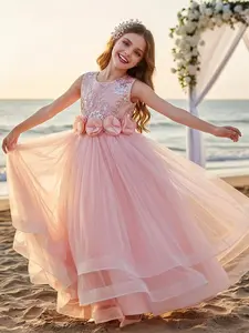 Vintage Lace Embroidered Floral Dress, Christmas Party Costume, Kids Sheer Puffy Dress, Wedding Bridesmaid Princess Gown, Princess Quince Dresses