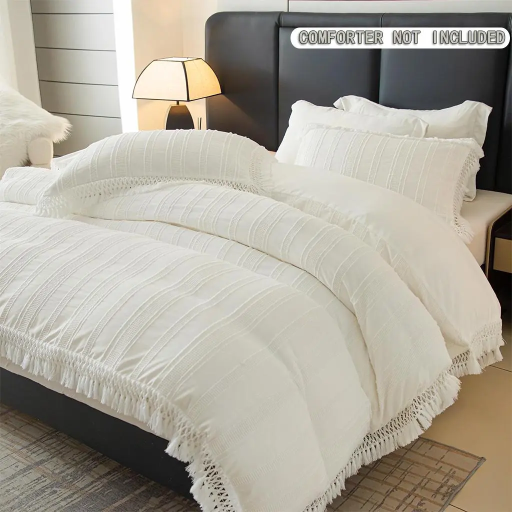 3D Clip Jacquard Tassel Fringe Microfiber Duvet Cover Set (No Insert) - 1 Zipper-Closure Cover, 1-2 Pillowcases, Hotel-Quality Unique Comfy Cloud-Like Breathable Softness Bedding Set, Boho Aesthetic Room Decor Gift, Machine Washable, Microfiber Bed Set