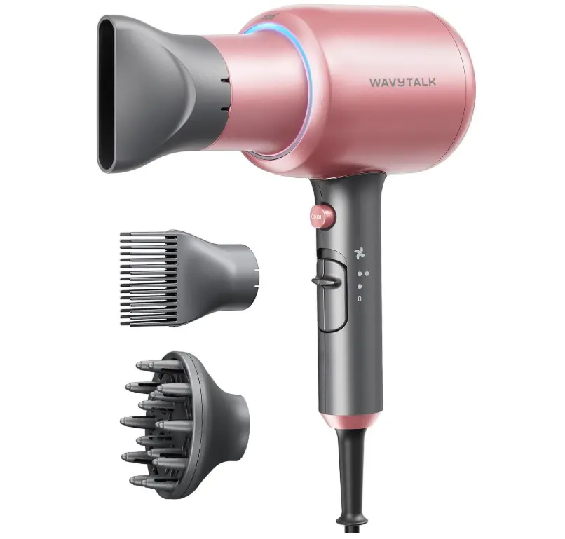 Wavytalk Hair Dryer, Blown Away Ionic Hair Dryer for Curly Hair with Diffuser, 1875W Fast Drying Blow Dryer with Ceramic Technology, 3 Attachments for All Hair Types, Light and Quiet, Rose Gold