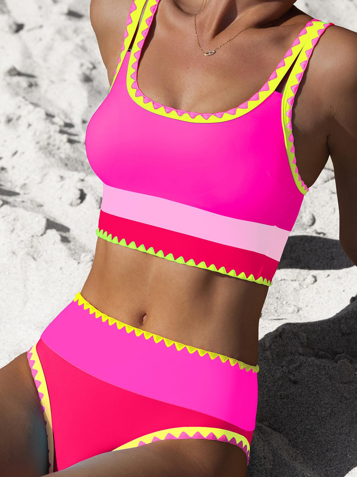 Popvil Beachball Kayaking 3 Piece Bikini Sets,Tummy Control & High Waisted Swimsuit with Adjustable Wide Shoulder Straps, Neon Color Sporty Swimsuit