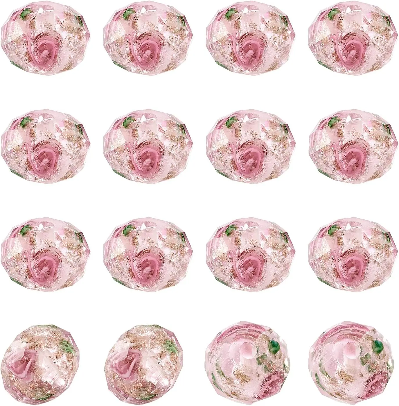 About 60 count Handmade  Sand Lampwork Faceted Rondelle Glass Beads Strands Flower Inlaid Spacer Loose Beads for DIY  Making Hole: 2mm (Pink)